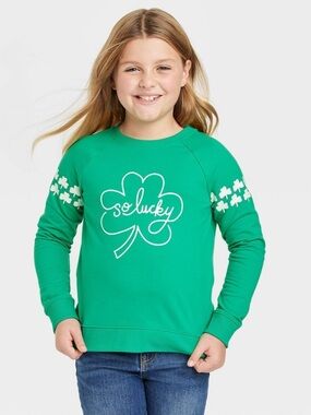 ⭐️ Cat & Jack Bright Green "So Lucky" Pullover Sweater Size L (10/12)